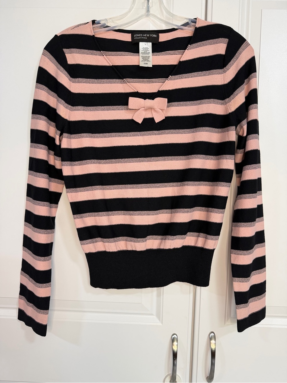 Jones New York Black and Pink Striped Long-Sleeve Top with Bow